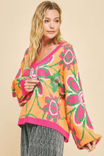 Load image into Gallery viewer, Davi & Dani Floral Contrast V-Neck Dropped Shoulder Sweater