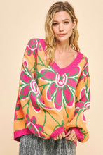 Load image into Gallery viewer, Davi & Dani Floral Contrast V-Neck Dropped Shoulder Sweater