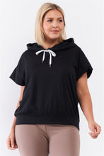 Load image into Gallery viewer, Plus Black Short Wing Sleeve Relaxed Fit White Draw String Tie Hood Detail Top
