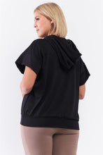 Load image into Gallery viewer, Plus Black Short Wing Sleeve Relaxed Fit White Draw String Tie Hood Detail Top