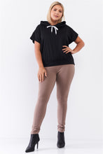 Load image into Gallery viewer, Plus Black Short Wing Sleeve Relaxed Fit White Draw String Tie Hood Detail Top