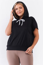 Load image into Gallery viewer, Plus Black Short Wing Sleeve Relaxed Fit White Draw String Tie Hood Detail Top