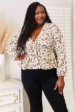 Load image into Gallery viewer, Double Take Printed Tied Plunge Peplum Blouse
