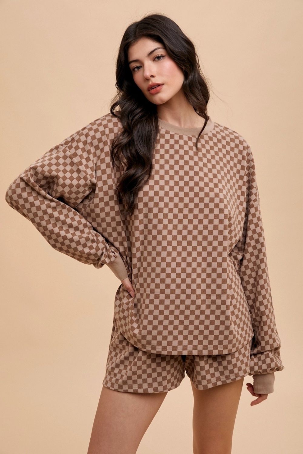 Checkered Round Neck Top and Drawstring Shorts Loungewear