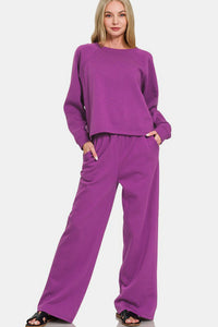 Zenana Round Neck Raglan Sleeve Top and Elastic Waist Pants - Loungewear