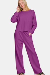 Zenana Round Neck Raglan Sleeve Top and Elastic Waist Pants - Loungewear