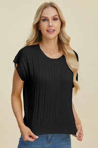 Double Take Full Size Cable-Knit Round Neck Short Sleeve Sweater