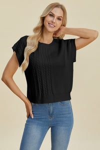 Double Take Full Size Cable-Knit Round Neck Short Sleeve Sweater