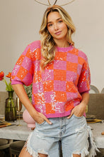 Load image into Gallery viewer, BiBi Checkered Short Sleeve Sequin Sweater