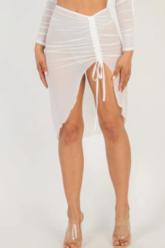 Slit Sheer Mesh Ruched Skirt