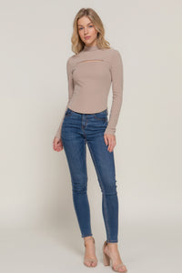 Long slv mock neck kyehole rib knit top