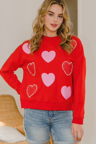 Heart Pattern With Pearl Embellishment Sweatshirt