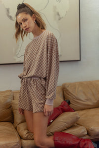 Checkered Round Neck Top and Drawstring Shorts Loungewear