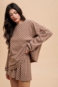 Checkered Round Neck Top and Drawstring Shorts Loungewear