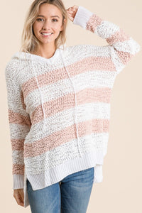 Reborn J Full Size High-Low Striped Popcorn Hoodie Sweater - Also in Plus